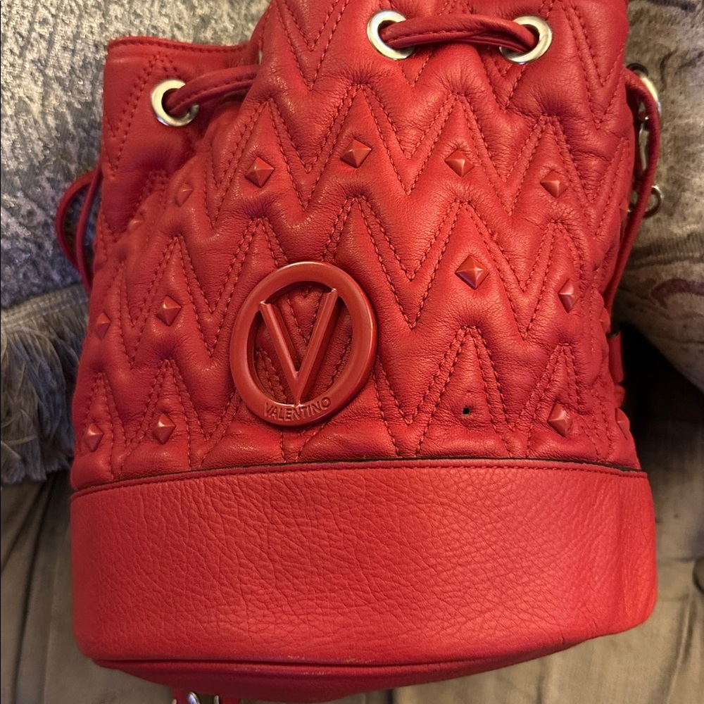 Valentino Red Quilted Drawstring Bucket Bag with Chain Strap